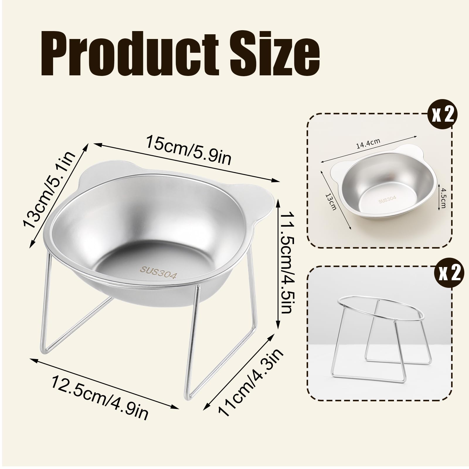 Comedero Gato Elevado Acero Inoxidable, Comedero Elevado para Gatos, Cuenco Inclinado 15° con Soporte Desmontable para Postura Cómoda de Gatos, Gatitos y Perros Pequeños, 2 Unidades
