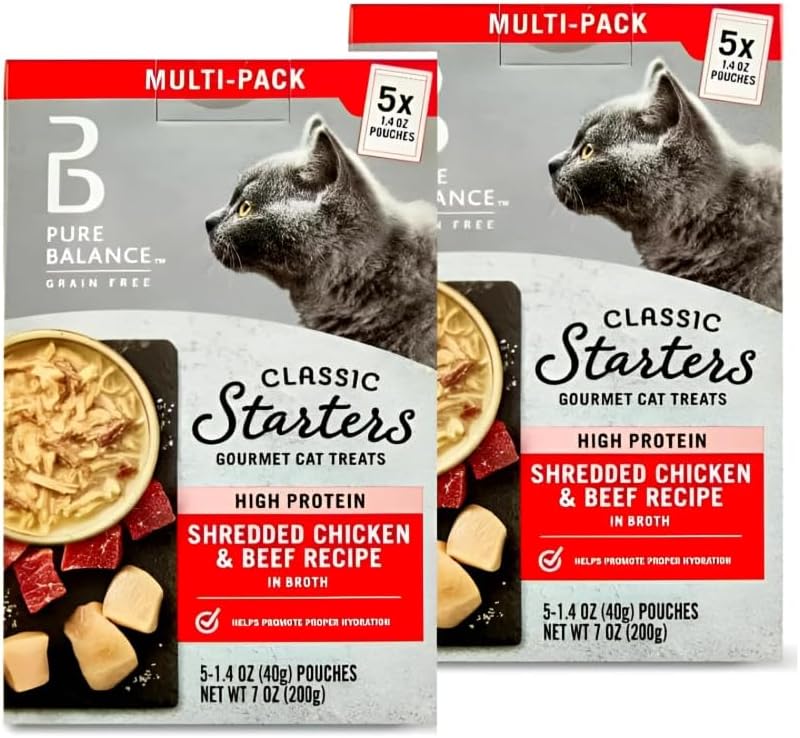 Pure Balance Classic Starters Gourmet Cat Treats, Shredded Chicken & Beef in Broth, High Protein, Soft Treats ~ 5 Pouches of 1.4 Oz Inside, Wet Cat Treat Adult Cats ~ (2 Box).