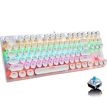 Mechanical Gaming Keyboard,87 Key Retro Punk Typewriter-Style,Blue Switch Rainbow Backlit Keyboard,Anti-Ghosting, USB Wired, for PC Laptop Desktop Computer, for Game and Office(White)