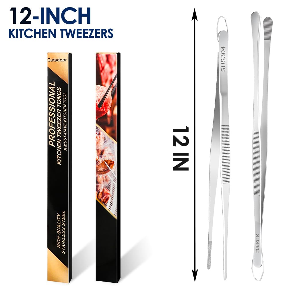 Gutsdoor 2Pcs Kitchen Tweezers Stainless Food Tongs Chef Tweezers 12 Inch Tweezers Tongs for Cooking, Plating, Pasta