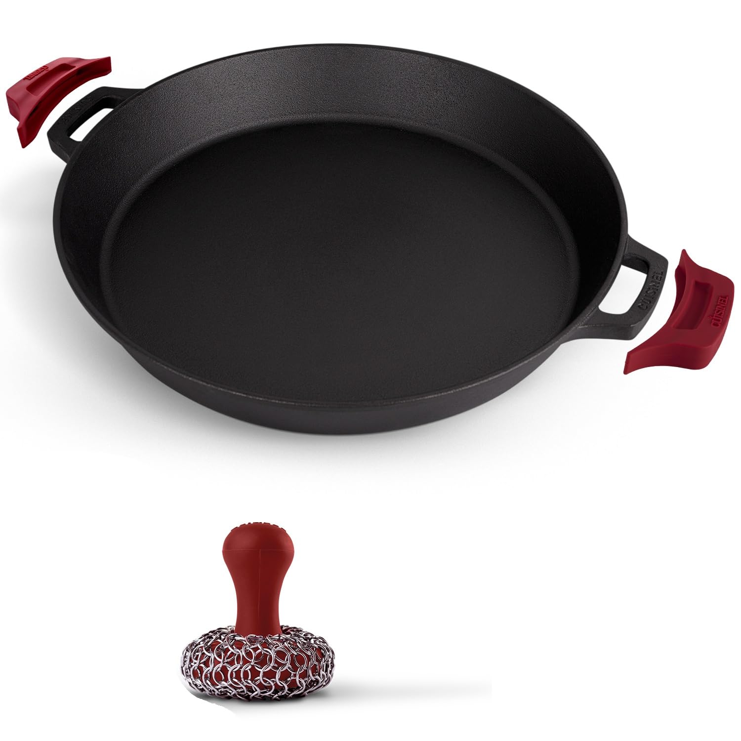 Cuisinel Cast Iron Braiser Cast Iron Skillet + Chainmail Scrubber - 17"-Inch Dual Handle Braiser Frying Pan + Silicone Handle Covers - Pre-Seasoned Oven, Grill, Bbq, Stovetop, Fire, Induction Safe Cookware - Indoor/Outdoor Use