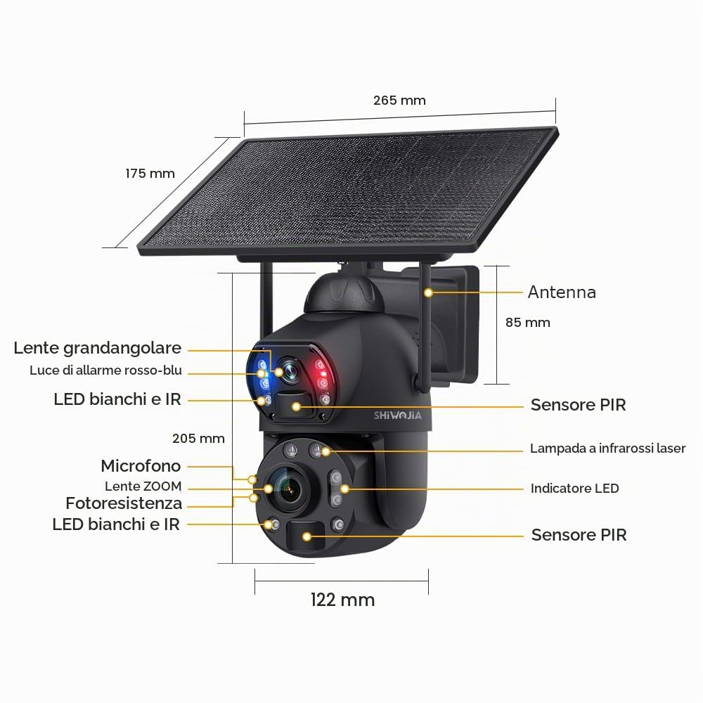 SHIWOJIA 36X Telecamera di Sorveglianza WiFi Esterno, 6 MP 360° PTZ Telecamera Esterna Solare con Doppia Lente, 100m Visione Notturna a Colori, PIR Smart Detection, Audio Bidirezionale