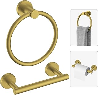 Brushed Gold Toilet Paper Holder & Towel Holder Bathroom Hardware Set | SUS304 Stainless Steel Double Post Pivoting Tissue Roll Holder and Hand Towel Ring Set for Bathroom RV by Evolvegoods