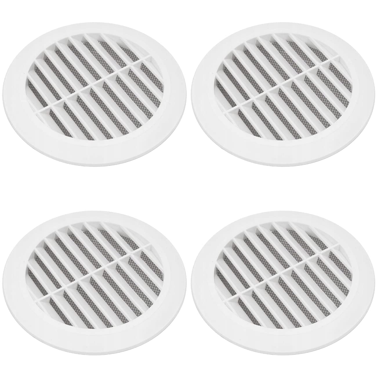 4 Pcs of White Louvred Wall Vent Grille with Flyscreen for Ø 100 mm / 4" Round Wall Outlet - Air Ventilation Duct Cover with Anti-Insect Mesh and Rear Spigot, Tough and Durable ABS Plastic