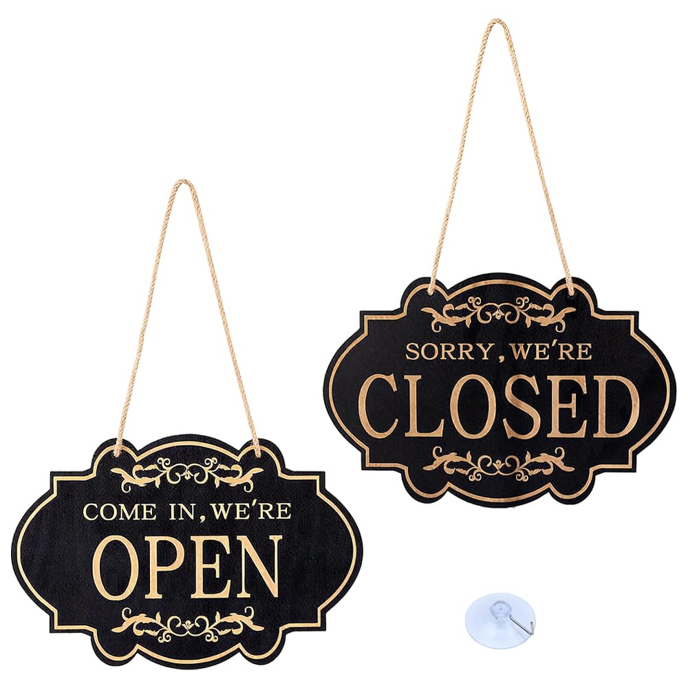 Open Closed Sign, 11.8 x 7.8 Inch Store Hanging Sign, Open Closed Signs for Business Double Side for Window Shop Wooden with Rope for Hanging for Business Door(Chocolate Brown)