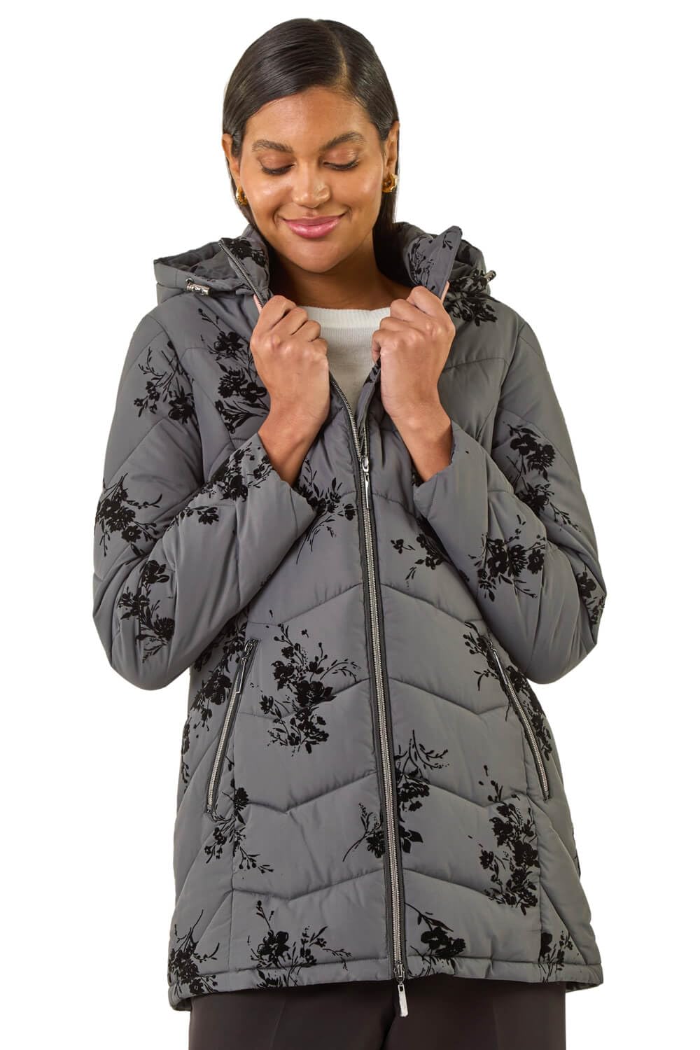 Roman Originals Women's Grey Noir Flock Padded Coat With Hood For Uk - Flock Quilt Quilted Waterproof Windproof Autumn Winter Everyday Animal Floral Print Funnel Neckline - Size 14