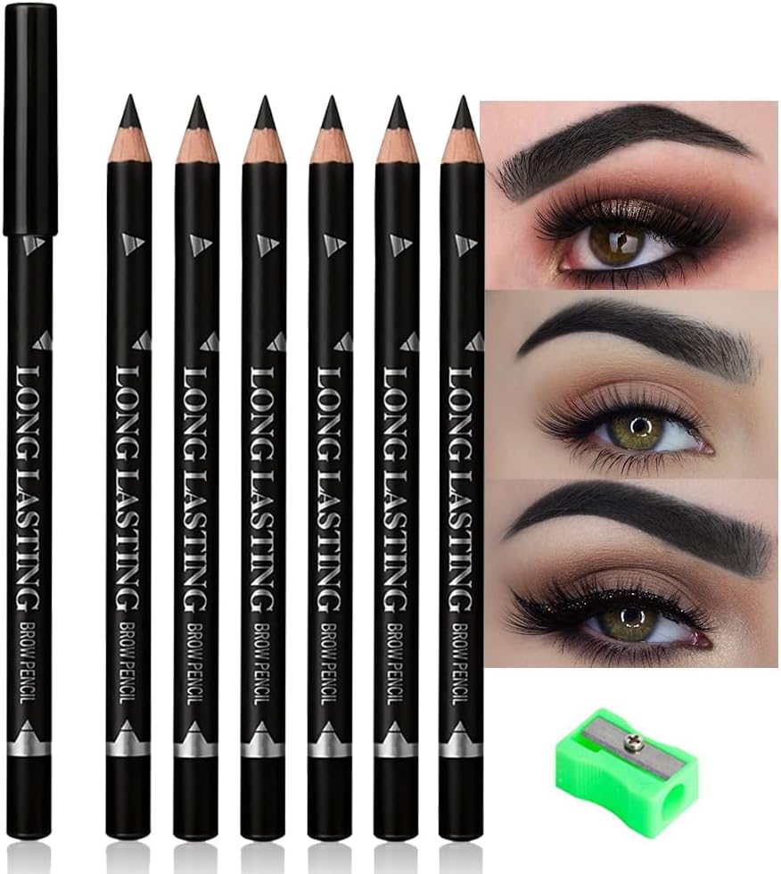 6Pcs Eyebrow Pencils for Women, Wooden Hard-Core Black Eyebrow and Eyeliner Pencil, Long Lasting Waterproof and Sweat-Proof, Beginner Makeup Brow Pencil, Create a Natural Eye Brow Makeup