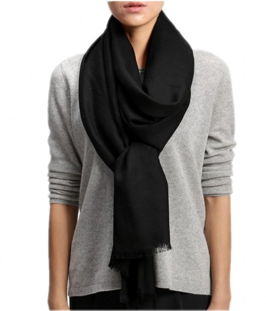 Damski bardzo duży szal XXL Pashmina ze 100% wełny ciepły ręcznik na ramię na zimę, czarny, 200 cm X 70 cm