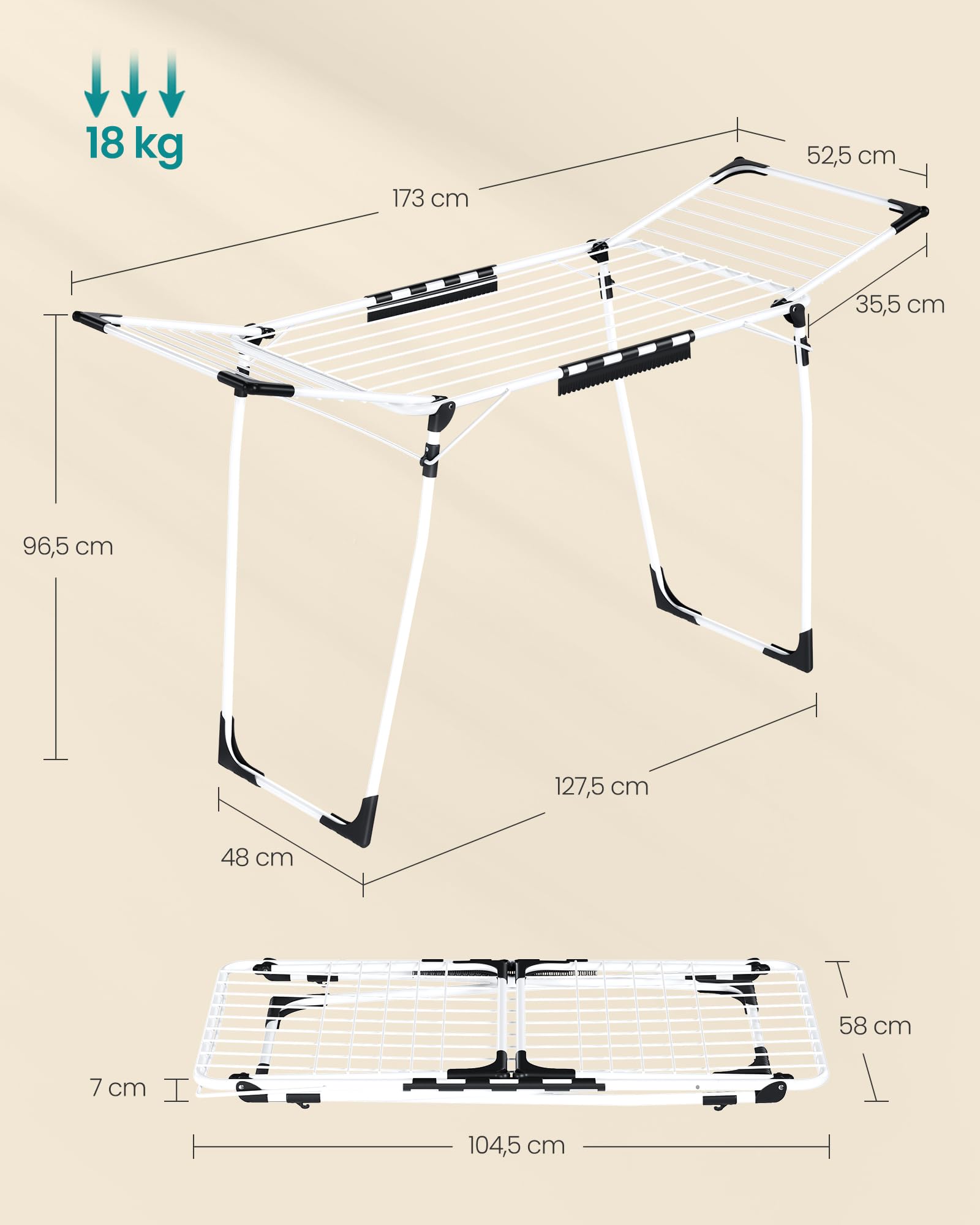 SONGMICS Wäscheständer 2er Set, Standtrockner 52,5 x 173 x 96,5 cm, Flügelwäscheständer, Flügelwäschetrockner platzsparend, mit Sockenhalter, Metall, für Kleidung, Handtücher, weiß LLR518W01V1-2J