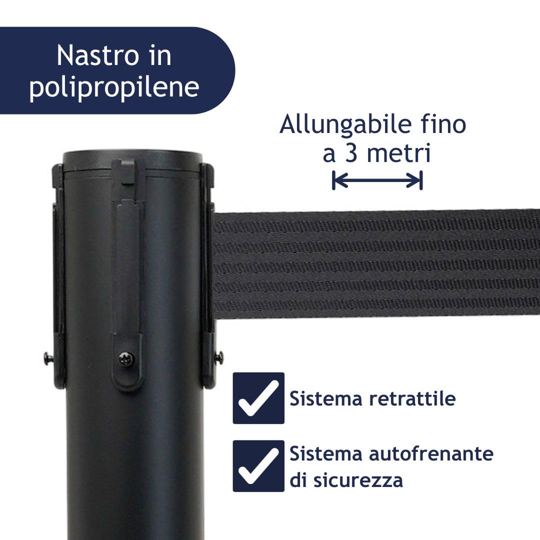 Danieli | Paletti delimitazione con nastro | Coppia di Colonnine Tendinastro Segnapercorso Nere | Delimita Corsie con Paletti Distanziatori con nastro da 3 metri NERO