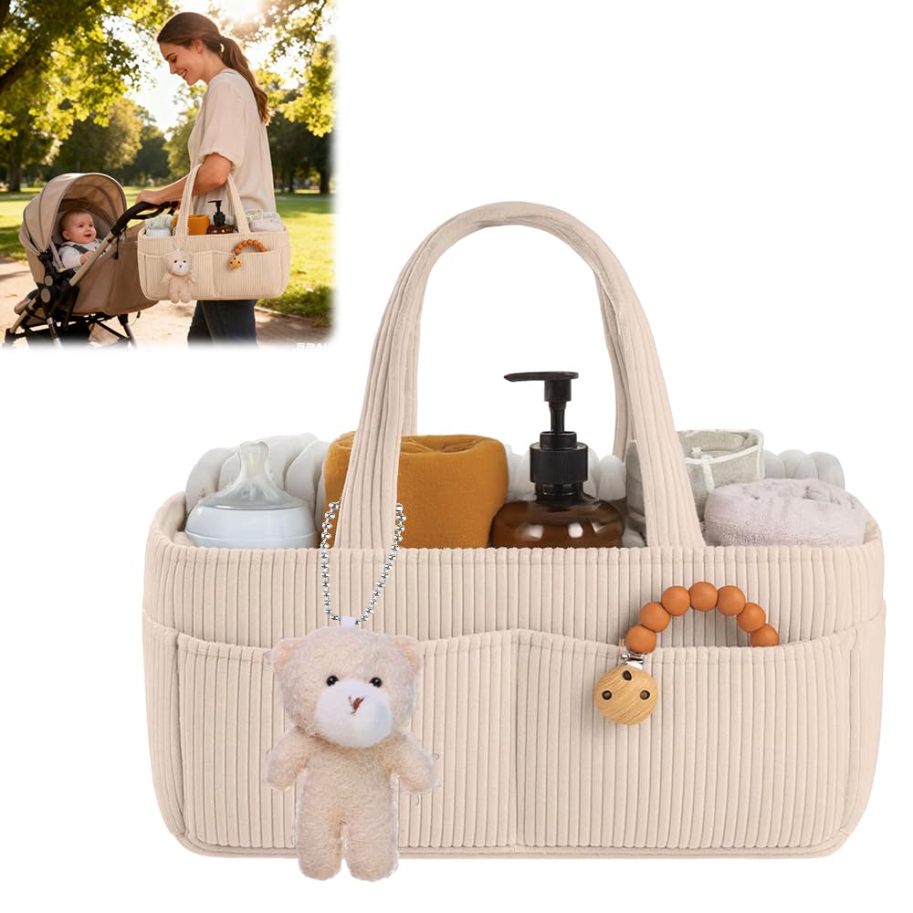 Organizador Pañales, Portátil Organizador Bebe con Osito de peluche, Grande Cesta Organizadora Bebe con Asa, Cesta Cambiador Bebes para Viaje
