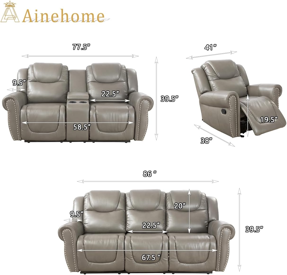 A Ainehome 3 Pieces Recliner Sofa Sets, Grey Leather Recliner Sofa Set, Reclining Loveseat Living Room Furniture Set for House/Office/Rv(B-Grey)