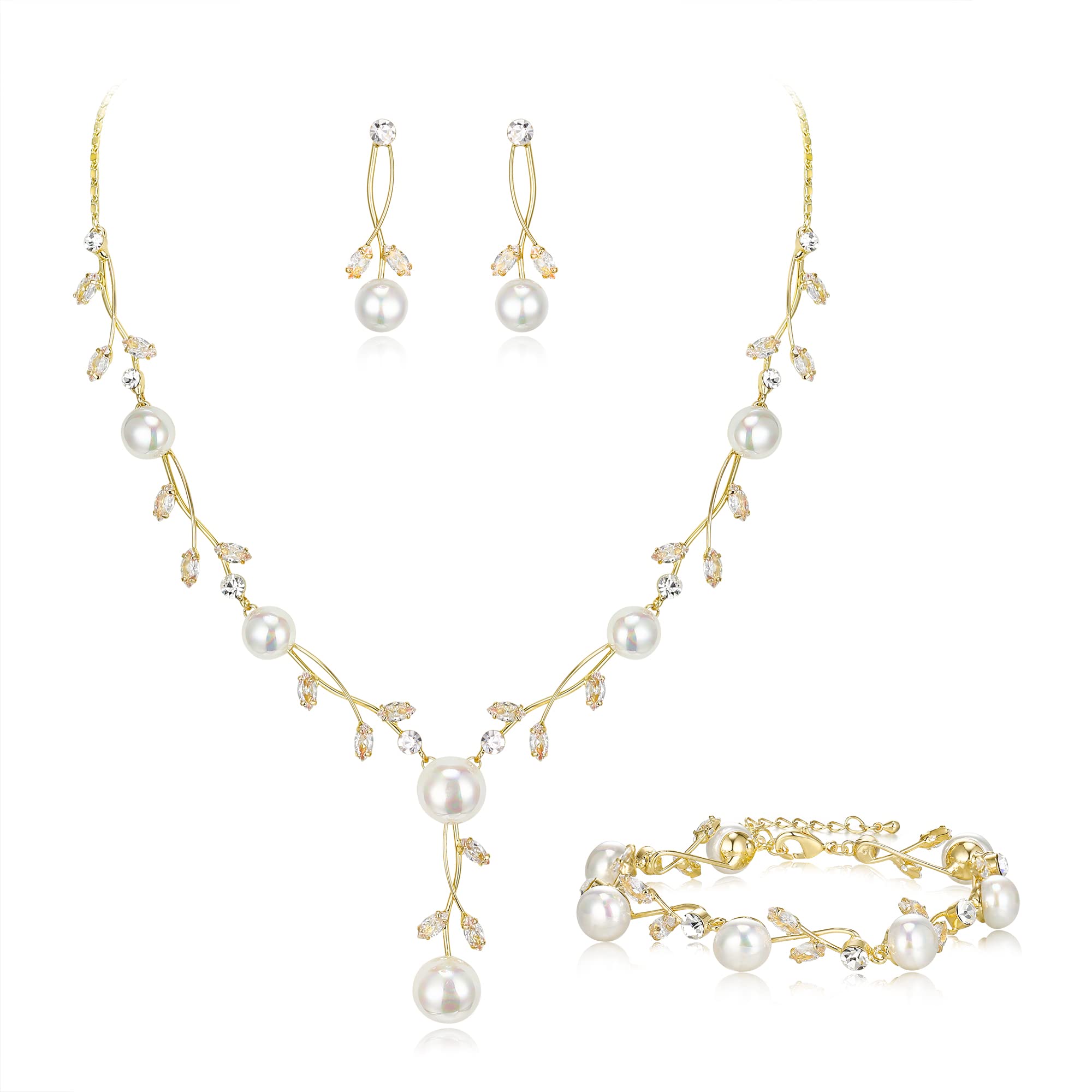 EVER FAITH Juego de 3 joyas para novia, chapado en oro blanco, circonitas y hojas de perlas simuladas, collar y pendientes de filigrana, juego de pulsera para mujer, tono dorado claro, Perla Circonita