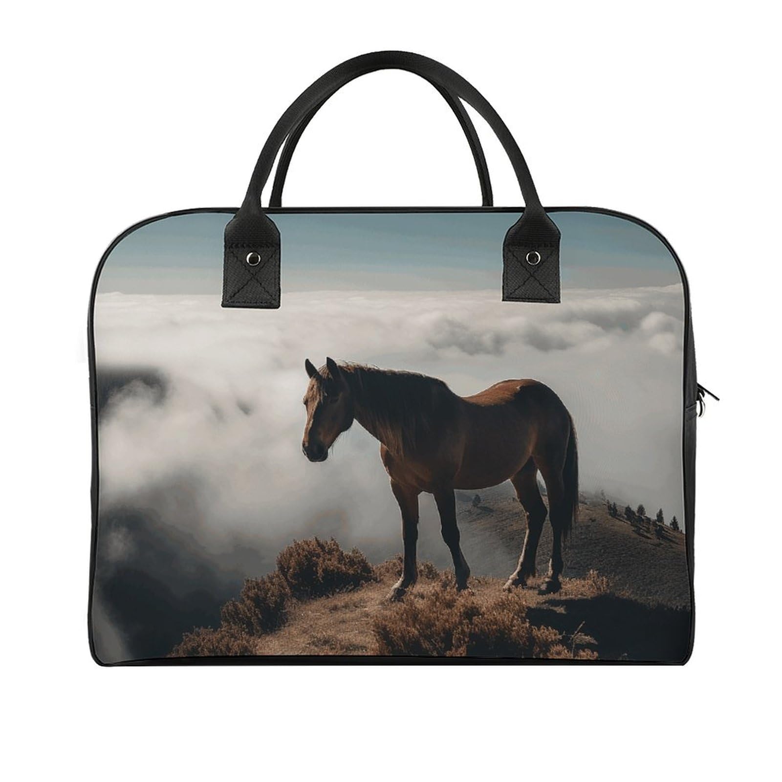 Multifunktionale Reisetasche, Motiv: Pferd auf Berggipfel, Reisetasche, Handgepäcktasche, Übernachtungstasche, Wochenendtasche, Schwarz, Einheitsgröße, Schwarz, Einheitsgröße