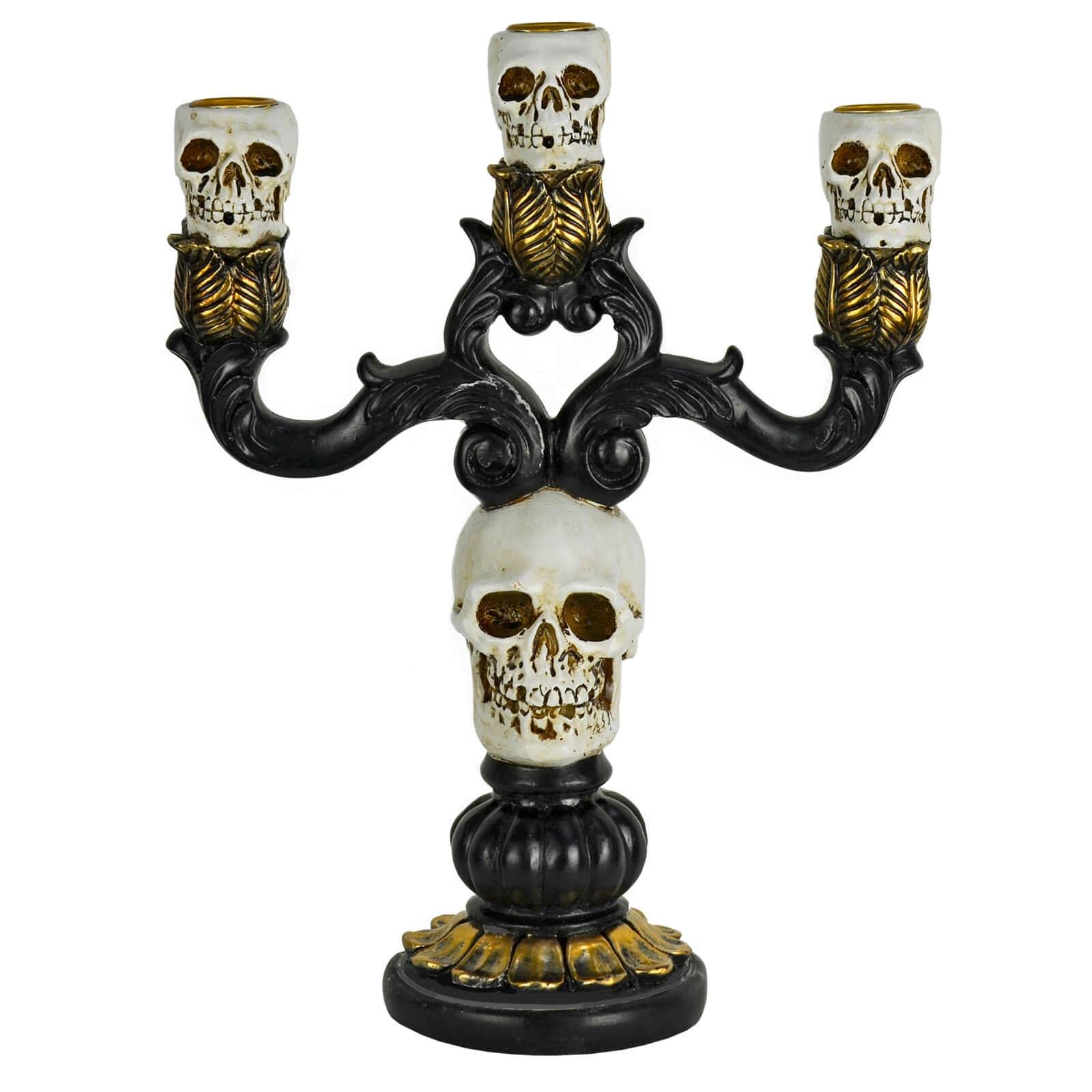 3 Candle Halloween Candelabra Skulls Black Gold Holders Gothic Decoration 30cm