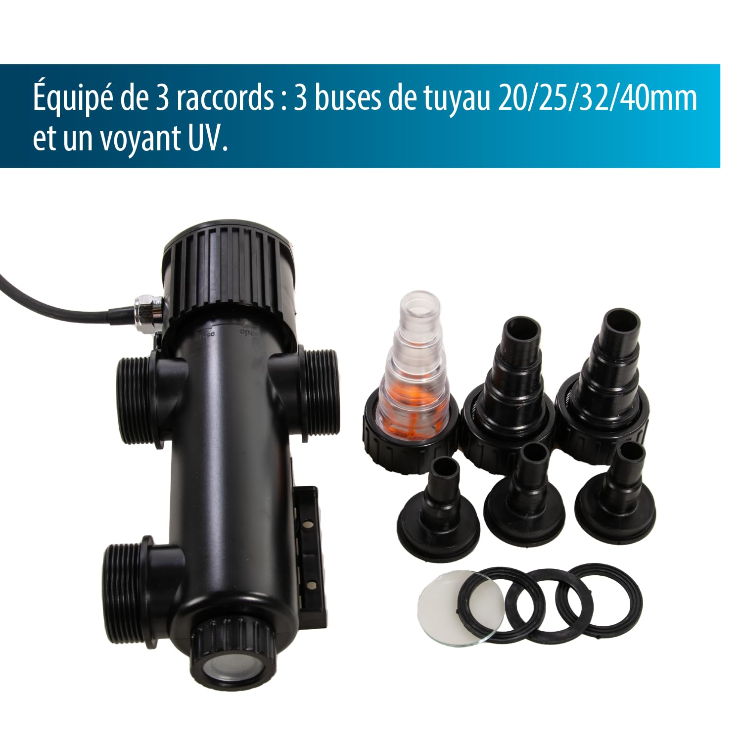 Aquaforte Guv-209 Uv-C, max. Teich 8 m³, max. Durchfluss 1,5 m³Stunde, 9 Watt, Gehäuse mit Quick Lock Anschluss, Ausgestattet mit 3 Anschlüssen: 3 Schlauchtüllen 20253240 mm Und Uv-Schauglas