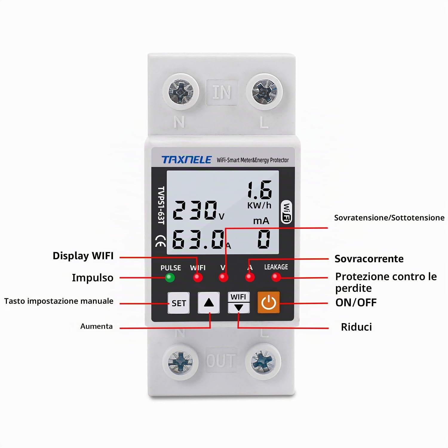 WiFi Misuratore intelligente di energia AC 63A 80-300V WiFi Smart Earth Leakage Over Sotto Protezione di Tensione Interruttore Elettricità Monitor di Energia APP Telecomando Smart Life 230V