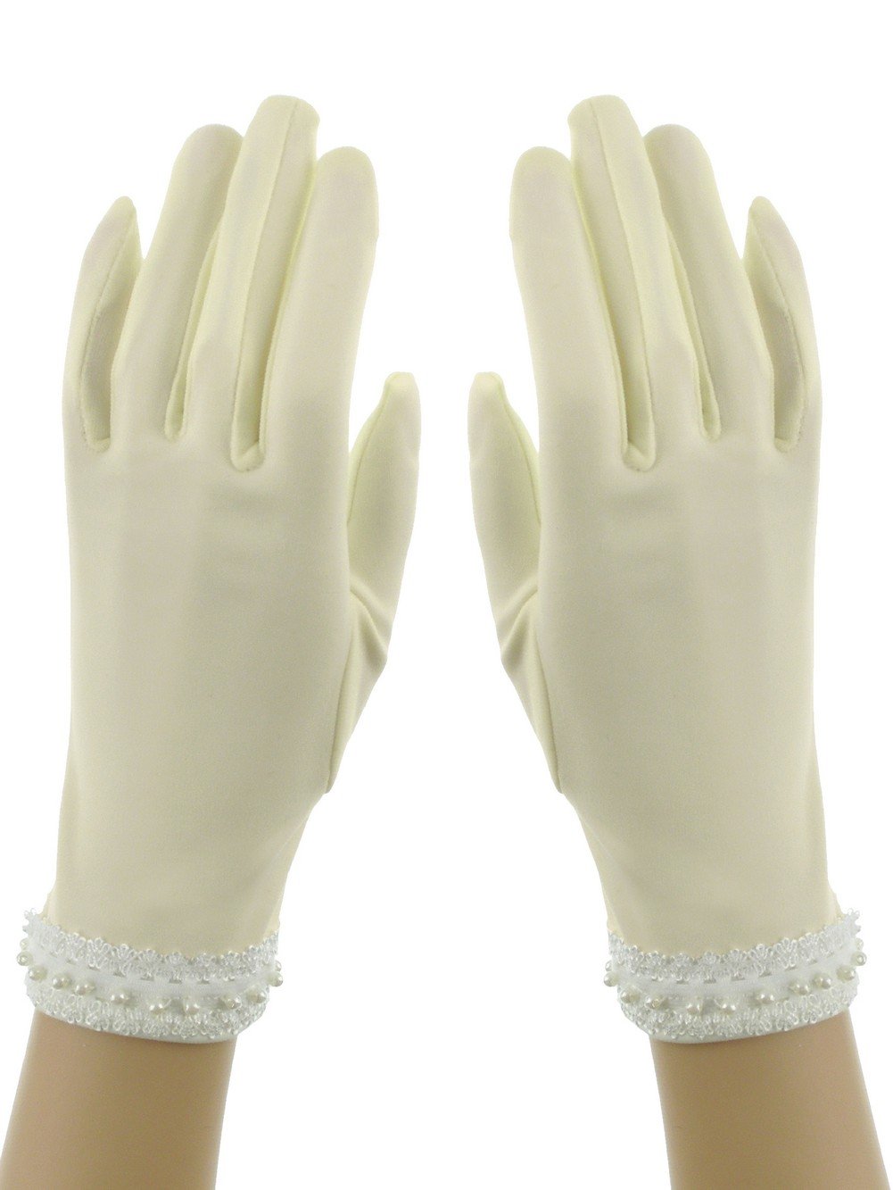 DivaDesigns Wrist Length 9-inch Lace Cuff Faux Pearl Bridal Matt Stretch Satin Gloves Matt Ivory