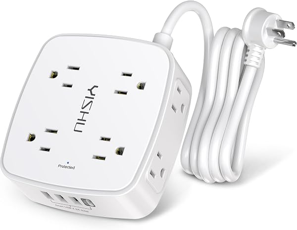 The YISHU 6 Ft Surge Protector Power Strip offers multiple outlets and USB ports in a compact, 3-sided design.