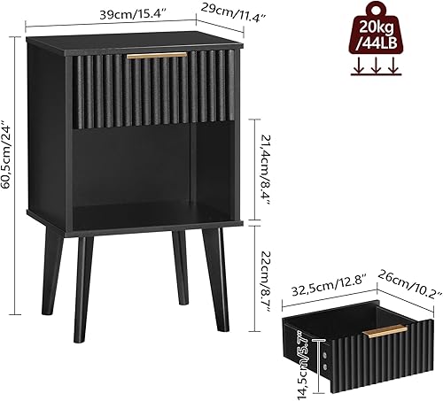 Miniatura 2 de Mesa auxiliar, mesita de noche acanalada, mesa auxiliar moderna, mesita de noche con 1 cajón y 1 compartimento abierto, mesita de noche de mediados