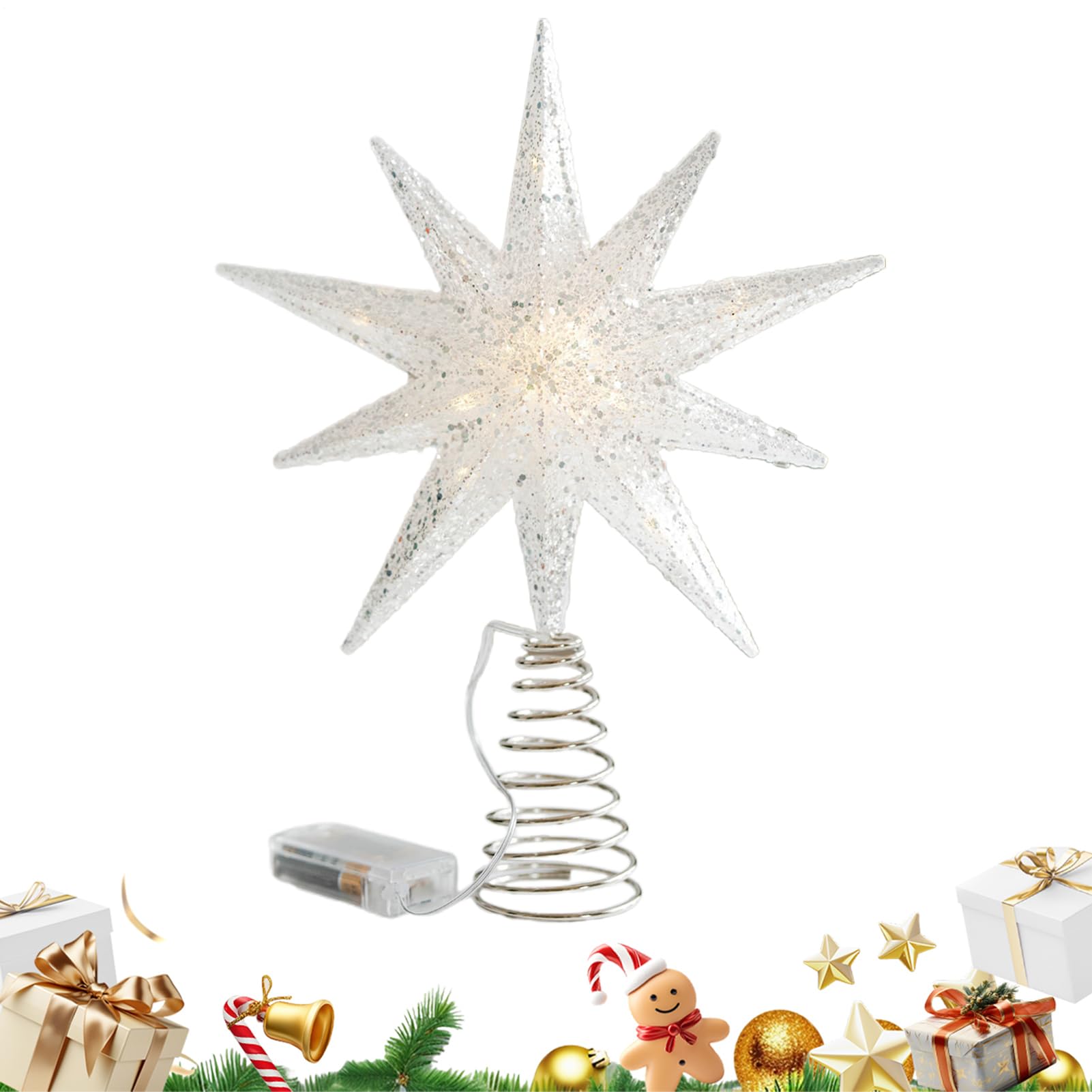 Estrella de árbol de Navidad con detalles LED de purpurina y accesorio preiluminado