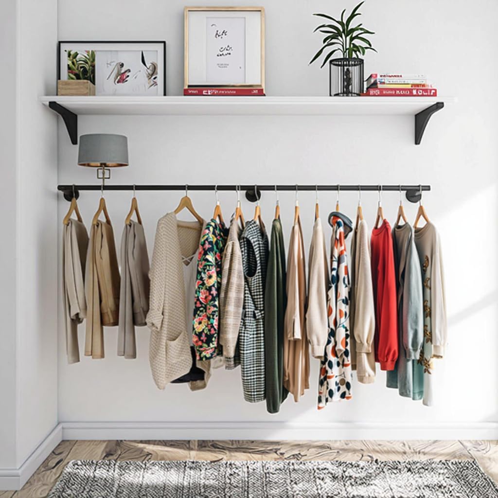 Industrial Pipe Clothes Rack, Heavy Duty Wall-Mounted Black Iron Clothes Rod, can be used to hang plants in windows or outdoors, suitable for laundry rooms and wardrobe storage. (2)