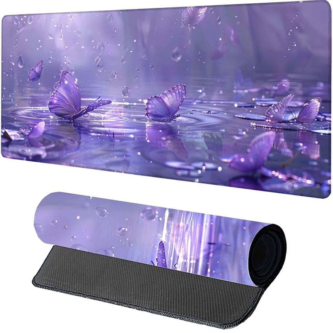 Tappetino per mouse da gaming, XXL, grande, con gomma impermeabile e antiscivolo, per PC, MacBook, laptop, gaming, casa 1200 x 600 x 3mm Viola Farfalla