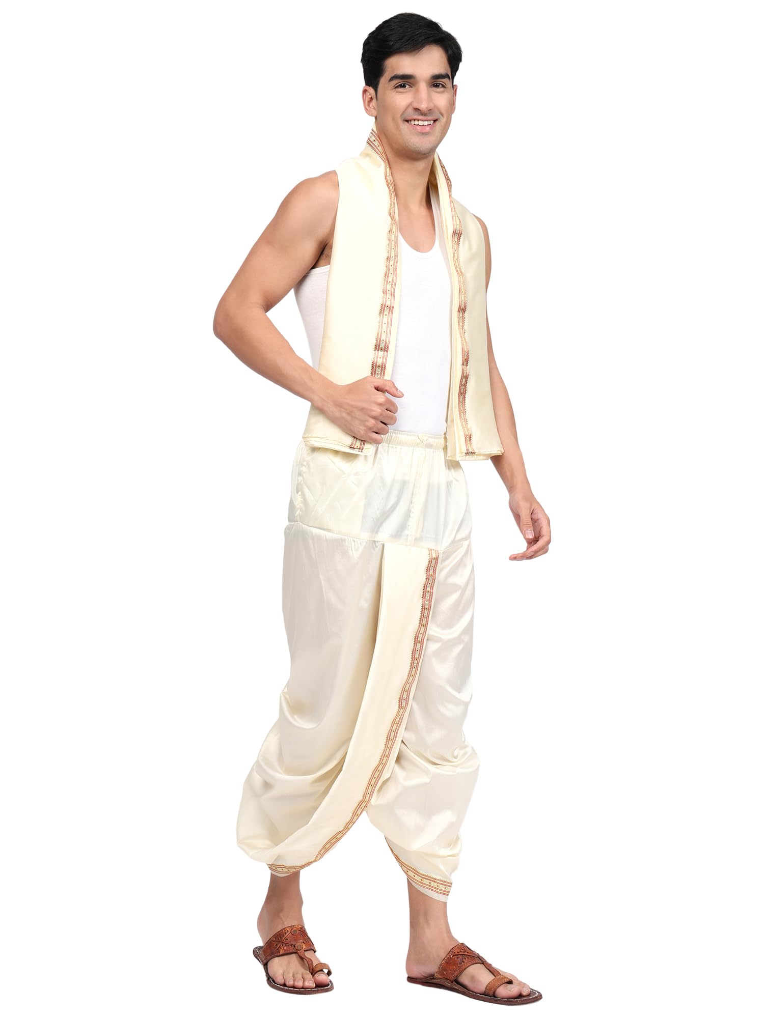 Men's Silk Ready to Wear Dhoti for men (Readymade Dhoti Pant with Dupatta), Suitable with Kurta, Free Size, Cream, Free Size