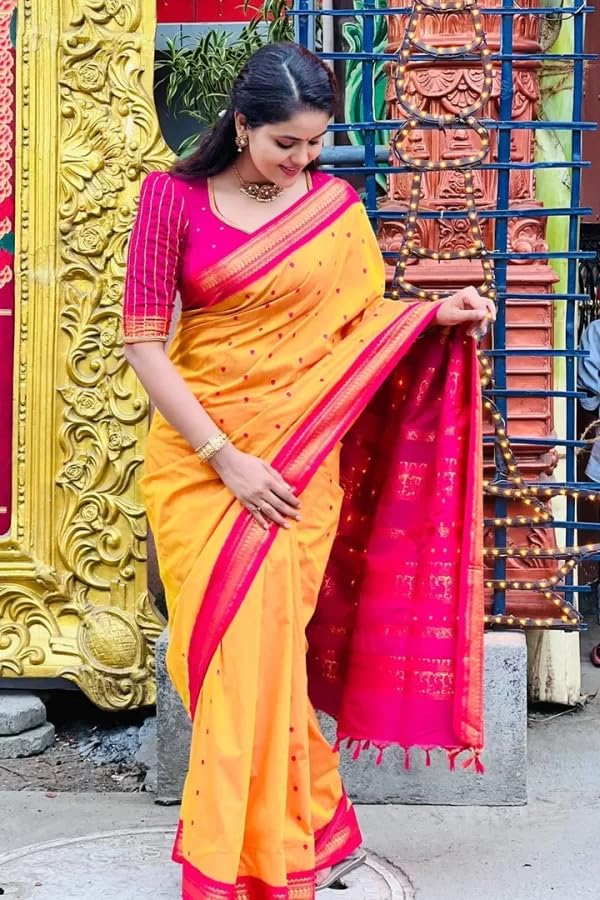 Image of Women's Kanjivaram Cotton Silk Saree South Indian Paithani Sari | gadwal cotton sarees with Zari Border and Blouse Piece - Suitable For All Indian Occasions and Festivals 191