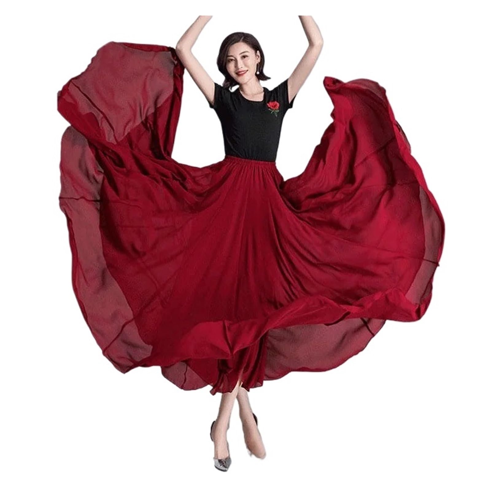 XUCZHAI Chiffon Dance Skirt For Women 720 Degrees Solid Color Long Skirts Dancer Practice Wear Chinese Style Skirt With Big Hem(Burgundy,Skirt length 100cm)