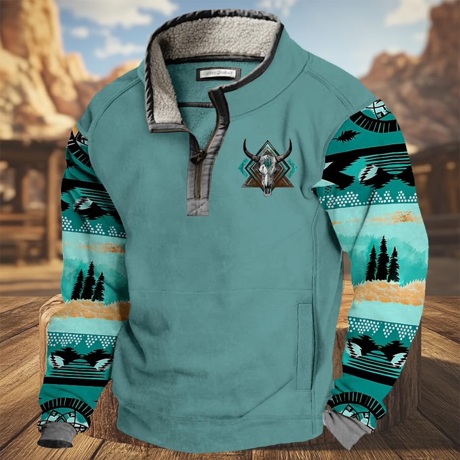 HOTYD Mens 1/4 Zip Fleece Stand Collar Sweatshirt Oversized Long Sleeve Aztec Graphic Pullover Western Jackets with Pockets - Image 2