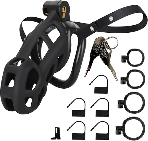 Miniatura 8 de Jaula de castidad masculina con cinturón elástico y bloqueo invisible, 4 tamaños de anillo de bola, jaula de pene grande ultraligera para un ajuste