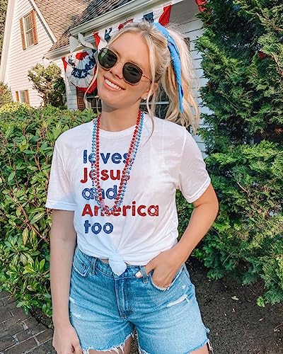Loves Jesus And America Too Shirt Women T Shirt O-Neck Independence Day Stylish Top Shirts Fourth Of July Shirts For Women Patriotic Shirts Loves Jesus And America Too Tank Top White #TOP5