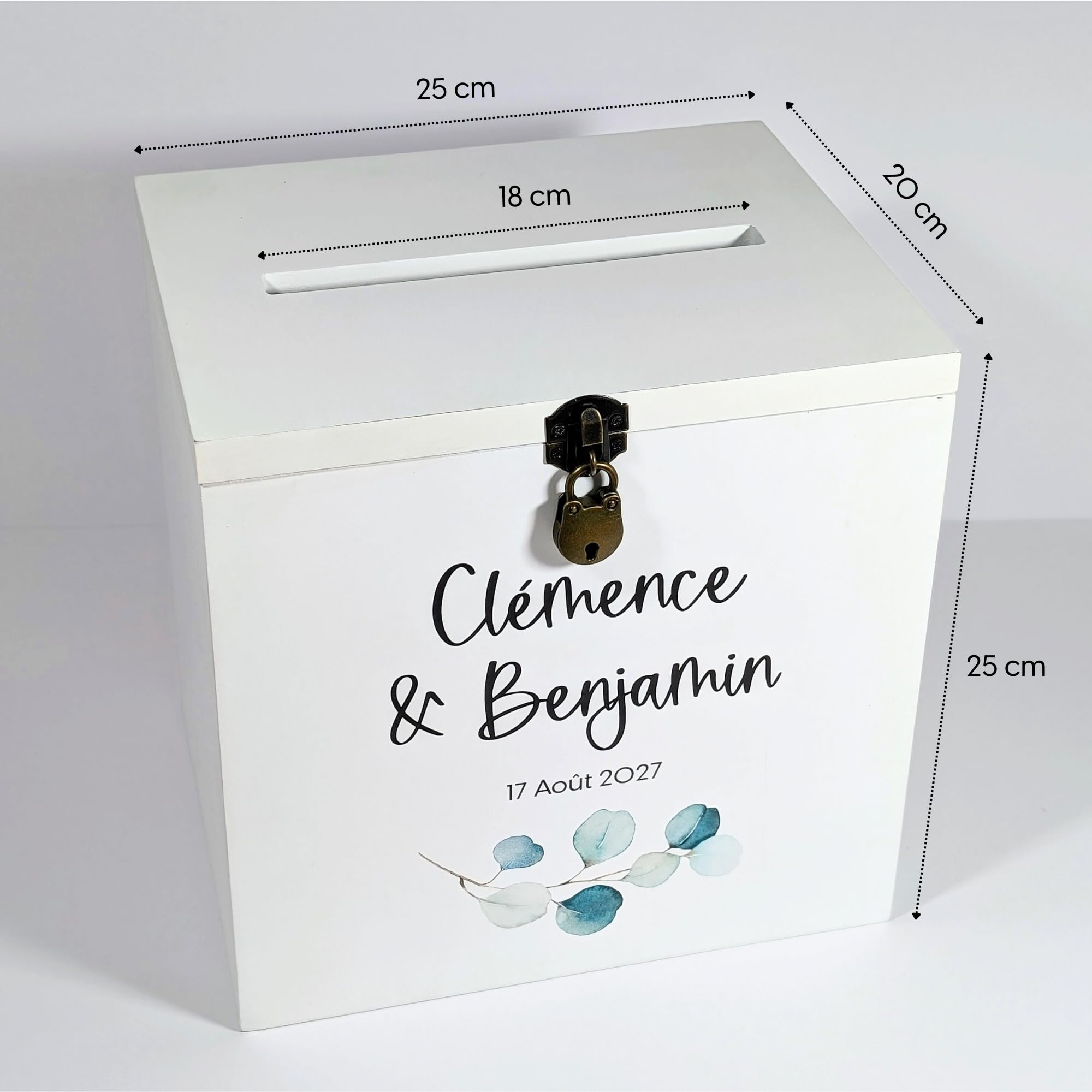 Grande urne Mariage personnalisée en Bois avec Cadenas | 25x25x20 CM | Urne Blanche & Or, Baby-Shower, baptême, Communion, Anniversaire, Retraite - Cagnotte en Bois dorée | TE Whaka