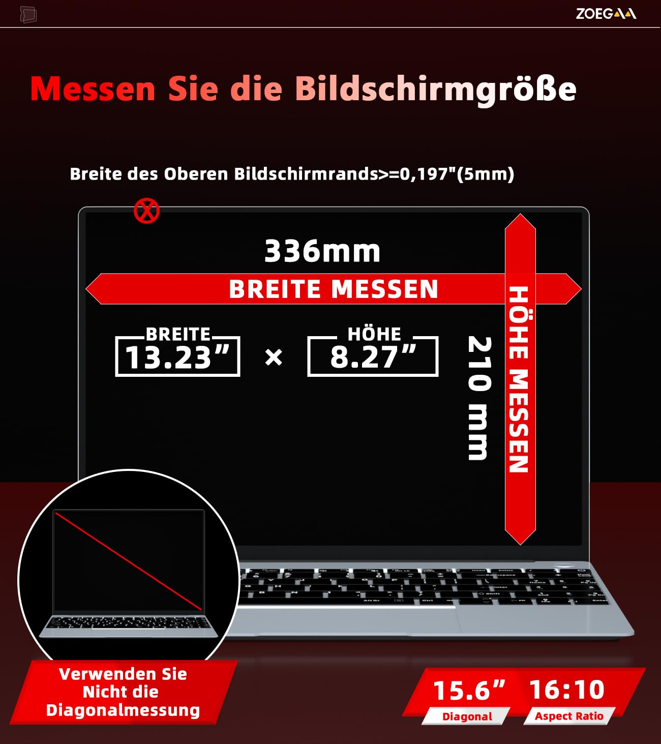 ZOEGAA Magnetischer Laptop Sichtschutz 15.6 Zoll Seitenverhältnis 16:10 für Lenovo Hp Dell Acer Asus, Abnehmbarer Anti Blaulicht Sichtschutzfolie Blickschutzfolie 15,6 Entwickelt&Produziert von ZO