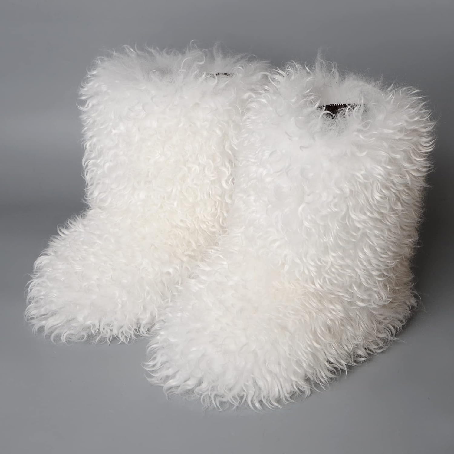 FUNCOS Women's White Faux Fur Boots Furry Fluffy Mid-Calf Winter Wool Boots Party Wear