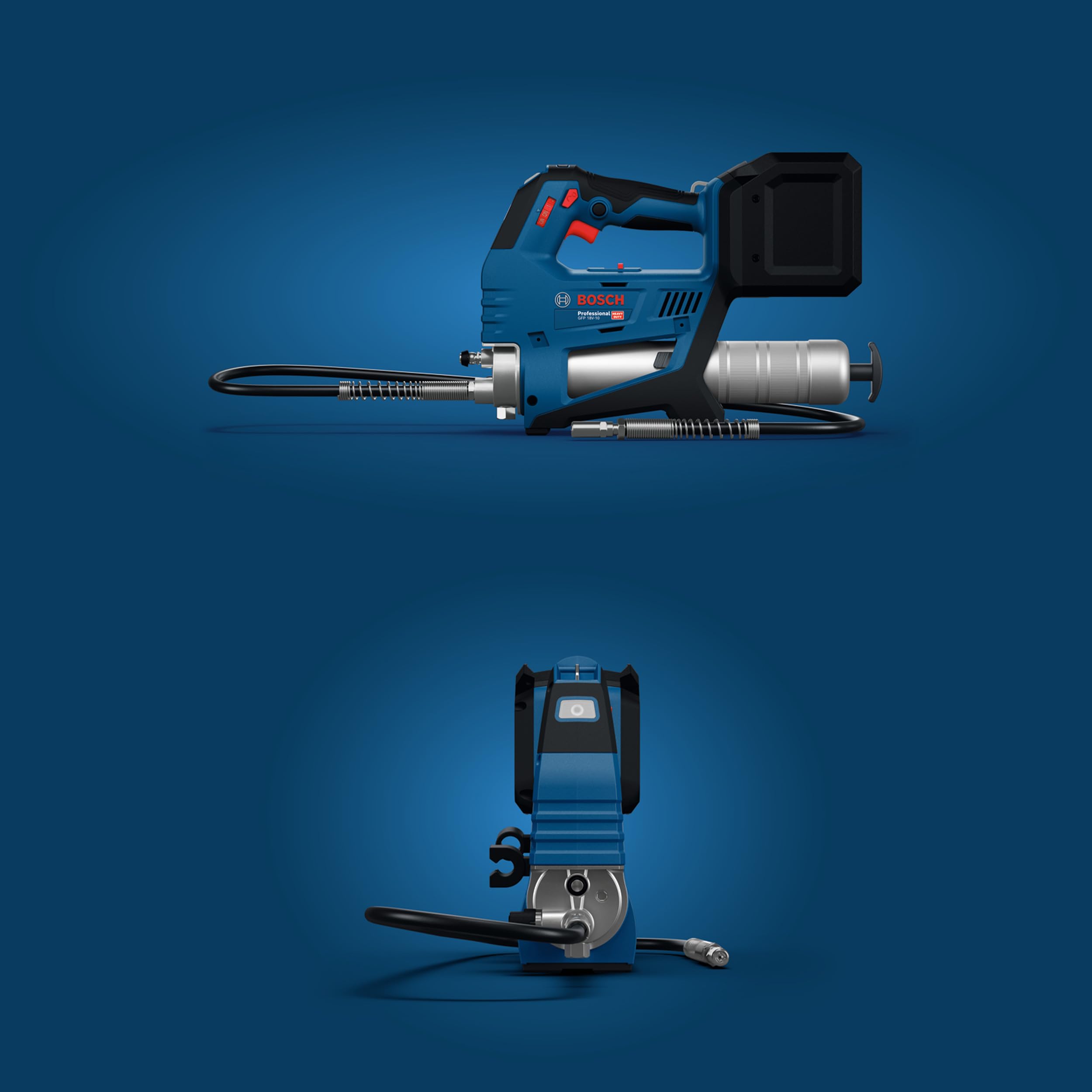 Pistola de engrasado a batería GFP 18V-10 con Bosch Professional 18V System (presión operativa máxima de 10 000 psi, caudal máximo de hasta 320 g/min., incl. acoplador de 90°, correa para el hombro)