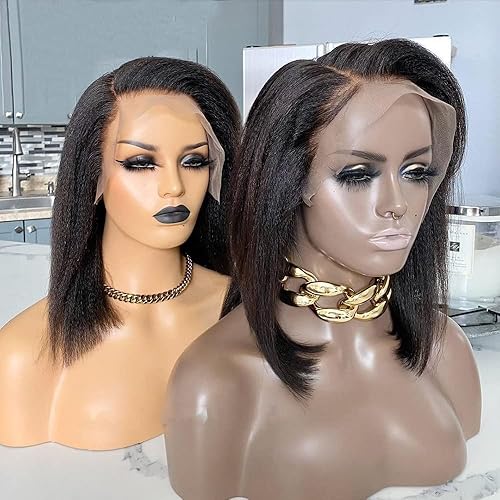 Miniatura 3 de QUINLUX - Pelucas de cabello humano corto estilo Bob italiano Yaki de 13 x 6 pulgadas con encaje frontal para mujeres negras, densidad 150, pelucas