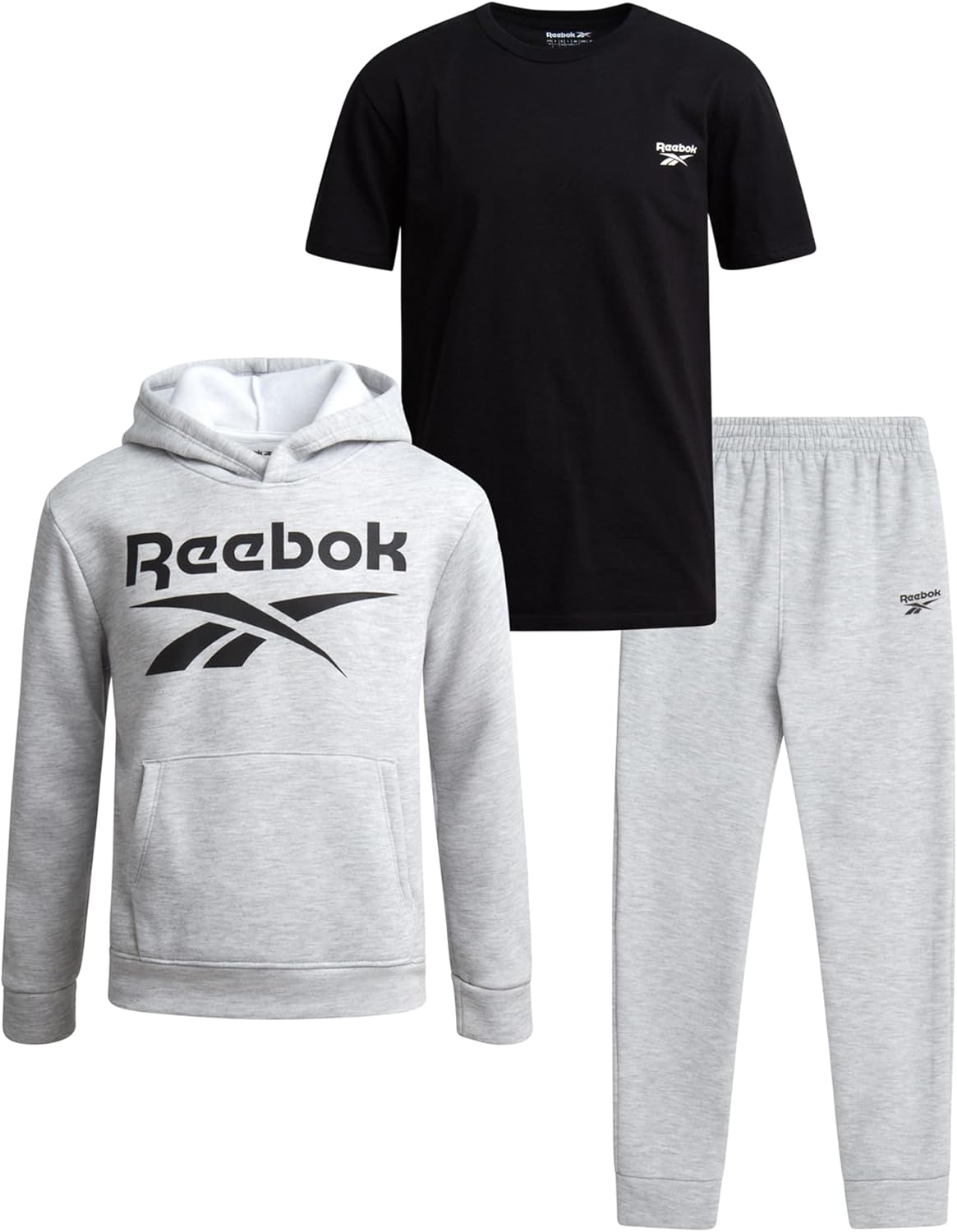 Reebok Boys Sweatsuit Set - 3 Piece Athletic Jogger Set with Fleece Pullover Hoodie Sweatshirt, Sweatpants & T-Shirt for Boys