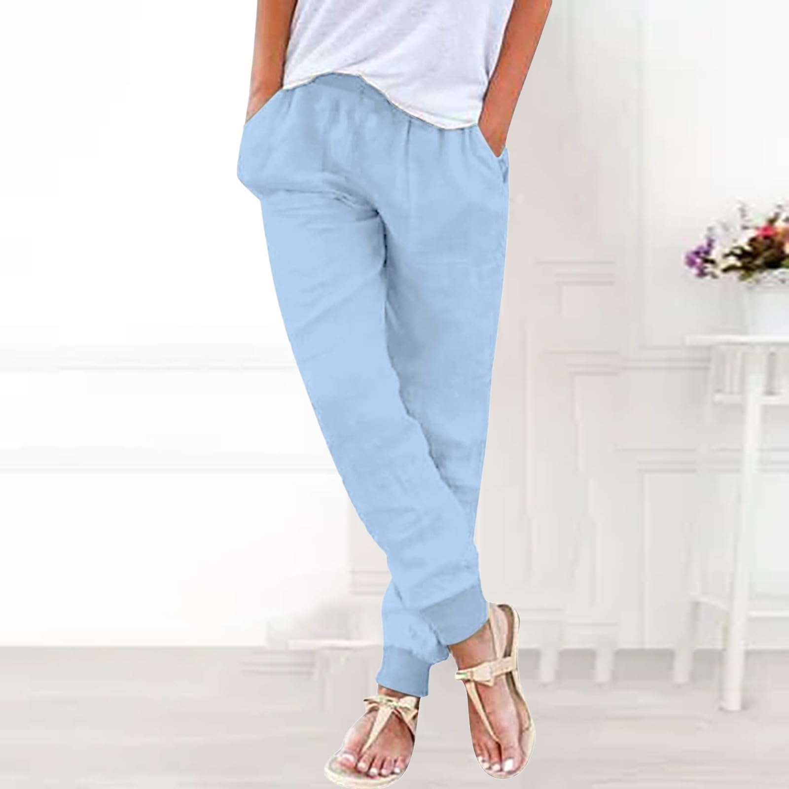 Hose Damen Sommer Leicht Weite Hosen Damen Sommer Locker Geschnitten Glatter Elastischer Bund Jogger Stoffhose Musselin Einfarbig Mit Taschen Luftig Atmungsaktiv Passend Für Outdoor