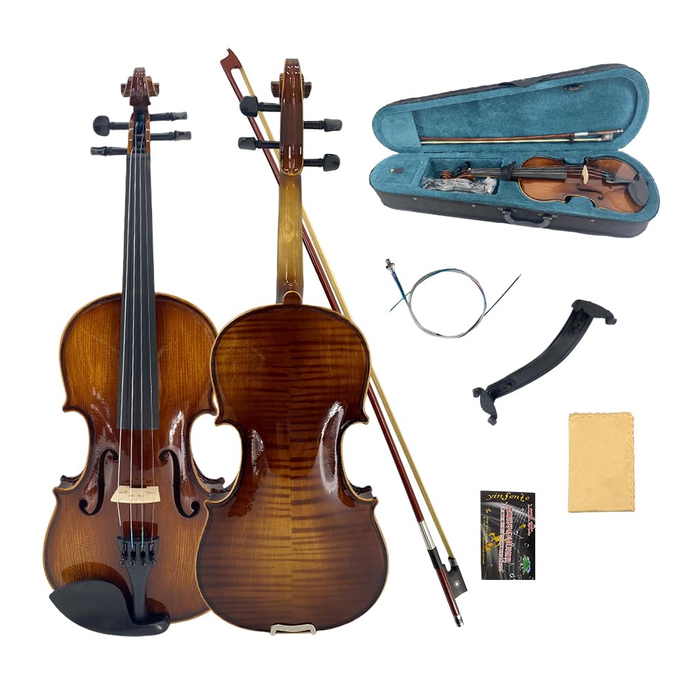 Violine 4/4 Komplettset für Anfänger, Erwachsene, Studenten, gealtertes Fichtenahorn, Massivholz, Ebenholzbeschläge mit Hartschalenkoffer, Schulterstütze, Bogen, Stimmgerät, extra Saiten