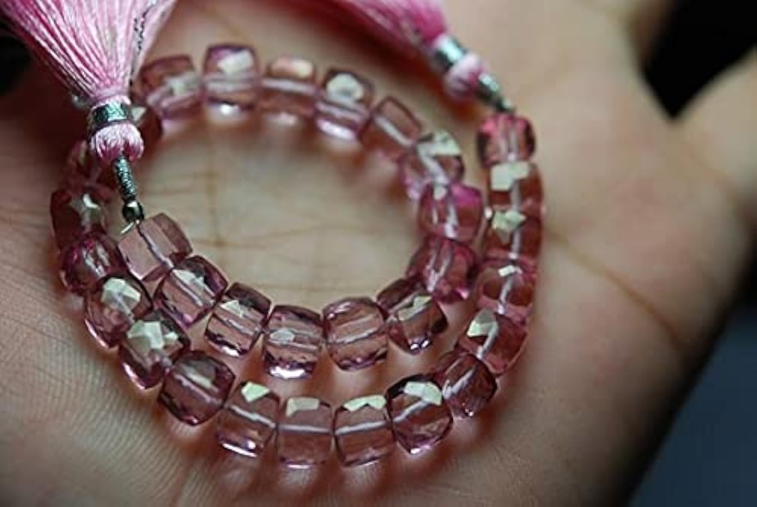 LKBEADS 8 Inches, Mystic PINK Faceted 3DBOX Shape Briolettes 7-8mm