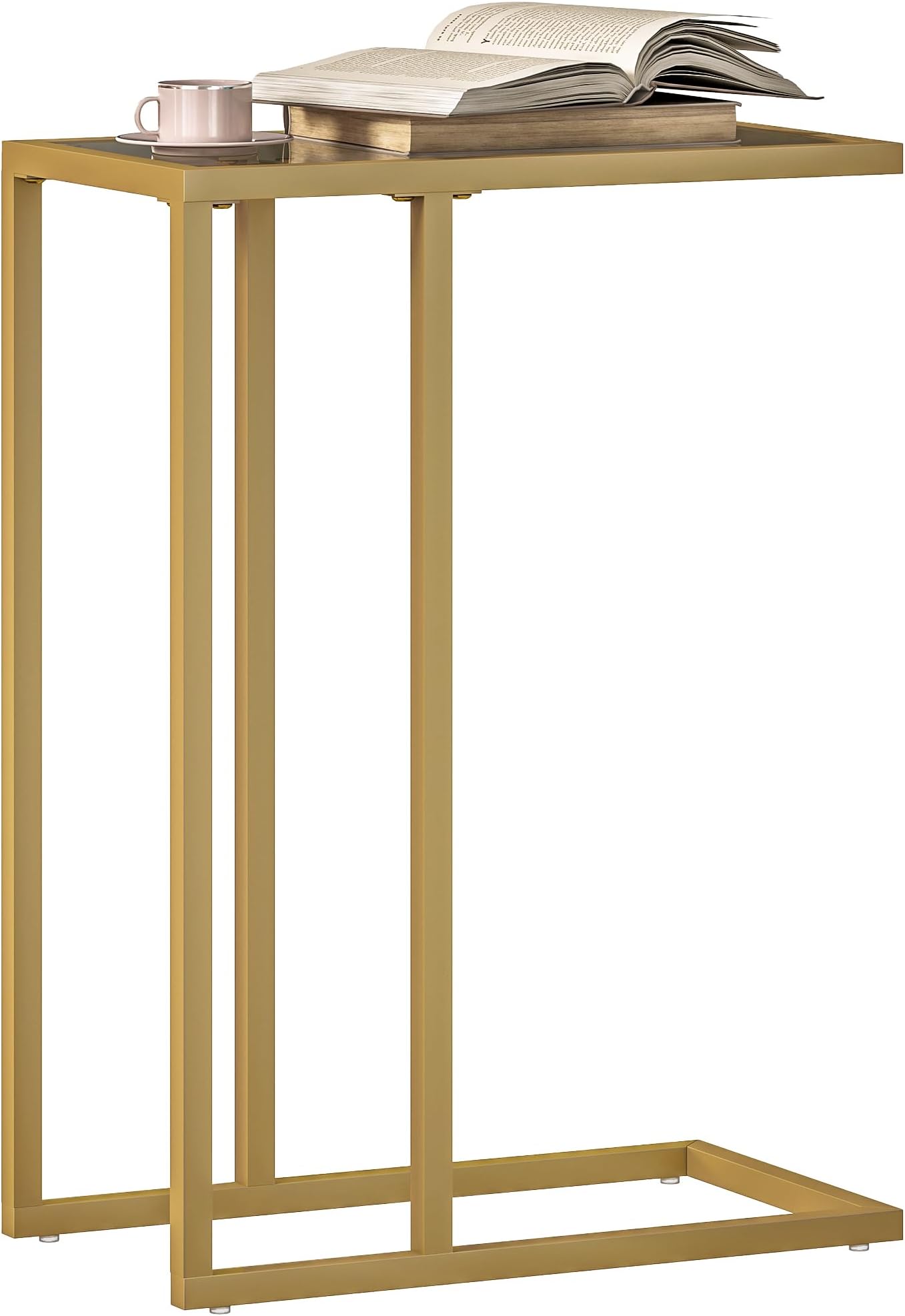 C-Shaped Side Table, Modern Slim End Table with Tempered Glass Tabletop, Steel Frame for Small Space, Living Room, Bedroom, Gold Tone