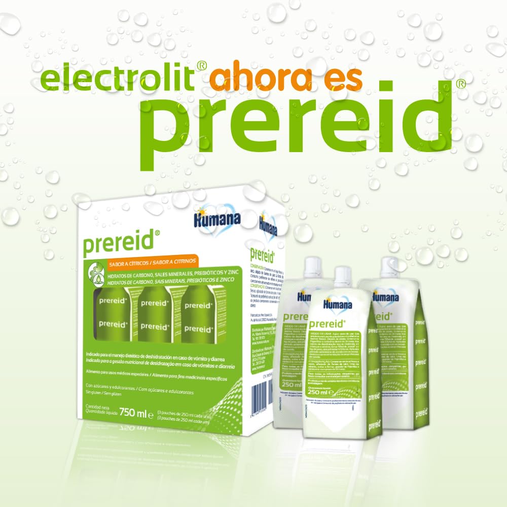 Prereid, solución de rehidratación oral para niños y adultos con hidratos de carbono, sales minerales y fibras prebióticas, 3 pouches de 250ml.