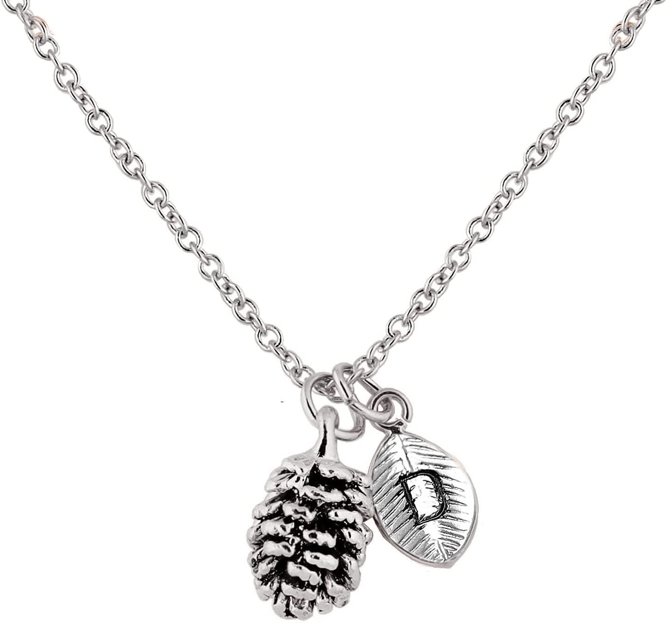 MignonandMignon Silver Dainty Pinecone Necklace Initial Necklace Nature Necklace Leaf Necklace for Her