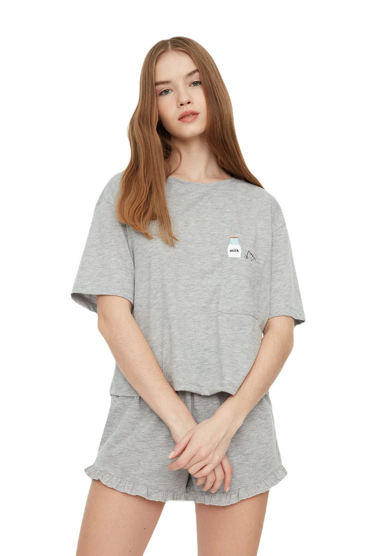Trendyol FeMan Plain Ruffle detailed Middle Knit T-shirt-Short Pajama Set Grey