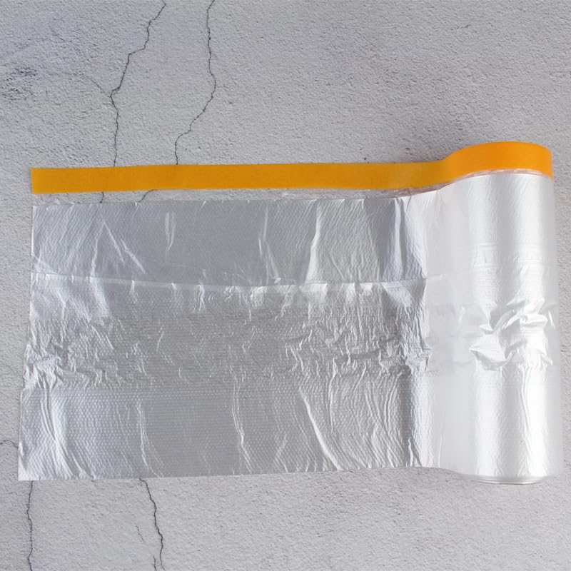 Painters Plastic with Tape,Furniture Dustproof Film, Clear Plastic Sheeting with Orange Tape Edge, Paint Protection Film,60 in x 65 feet