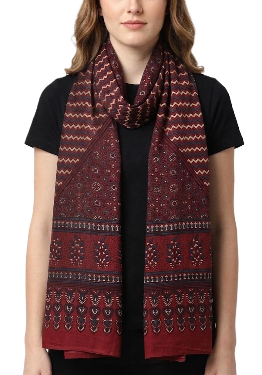 Traditional Ajrakh HandBlock Printed Cotton Rayon Stole/Scarf For Women | Women Stole for summer | Ideal for Casual wear,Officewear.-image-38