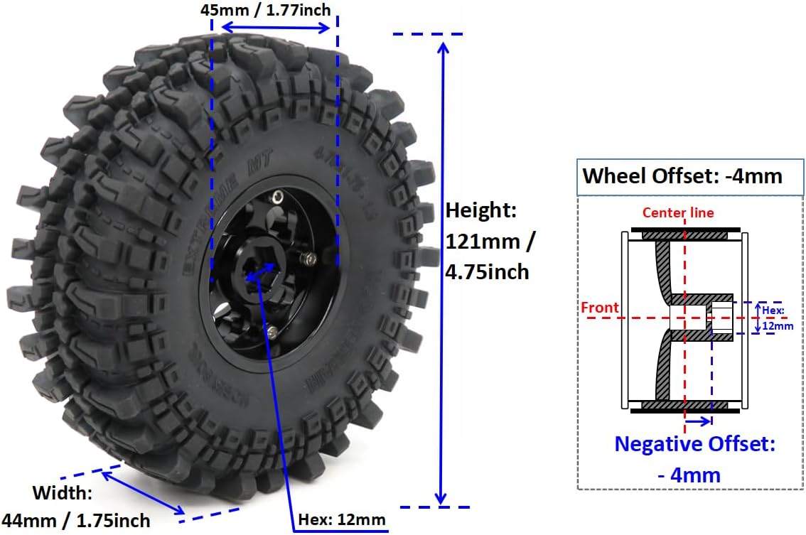 HOBBYSOUL Height 121mm 1.9 Tires and Wheels Rims Black, 1.9 Beadlock Wheels and Tires for 1/10 Mud Crawler Axial SCX10 Traxxas TRX-4 Redcat Gen8 Tamiay CC01, (4-Pack, Assembled)