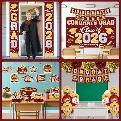 Image of Graduation Decorations Class of 2026 Maroon and Gold Graduation Decorations with Congrats Grad Banner,Backdrop,Porch Sign,Balloons,Hanging Swirls,Honeycomb Centerpieces,Box for Graduation Party Decor